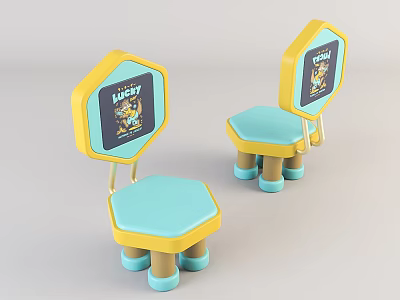 Yellow And Light Blue Kids Leisure Chairs With Hexagonal Backrest And Lucky Cartoon Pattern 3d model
