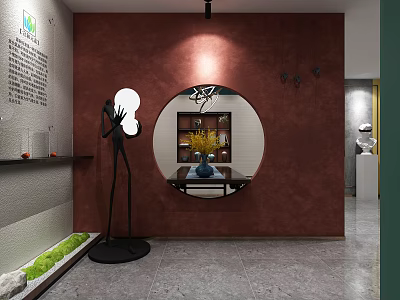 Elegant Modern Entryway With Red Wall Round Mirror Black Sculpture And Green Plants 3d model