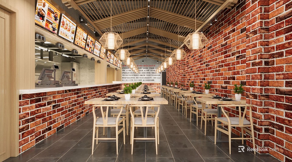 Warm Restaurant Interior With Red Brick Walls Wooden Tables Pendant Lights And Green Plants 3d model 
