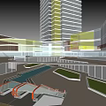 Modern Commercial Complex With High Rise Buildings Low Rise Structures Plaza Water Feature Green Spaces