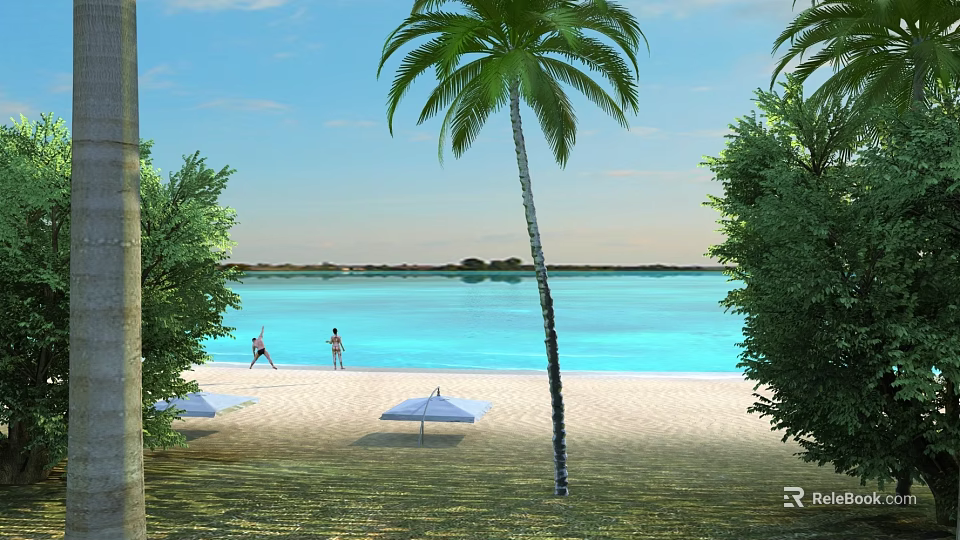 Swinging Door for Beachfront Property with Palm Trees Lake View and Sandy Shore 3d model 
