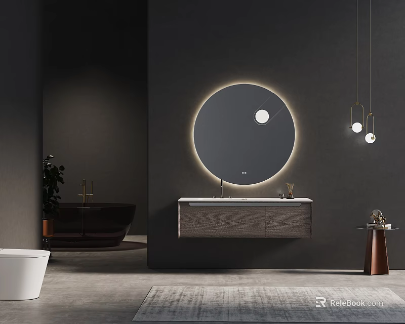 Modern Wall Mounted Washbasin Vanity With Backlit Circular Mirror And Dark Wall Interior Design 3d model 