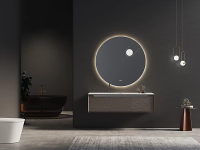 Modern Wall Mounted Washbasin Vanity With Backlit Circular Mirror And Dark Wall Interior Design 3d model