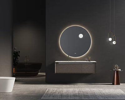Modern Wall Mounted Washbasin Vanity With Backlit Circular Mirror And Dark Wall Interior Design 3d model
