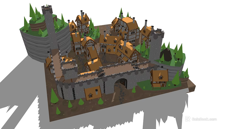 Ancient Medieval Architecture With Castle Towers Stone Walls And Surrounding Trees 3d model 