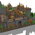 Ancient Medieval Architecture With Castle Towers Stone Walls And Surrounding Trees