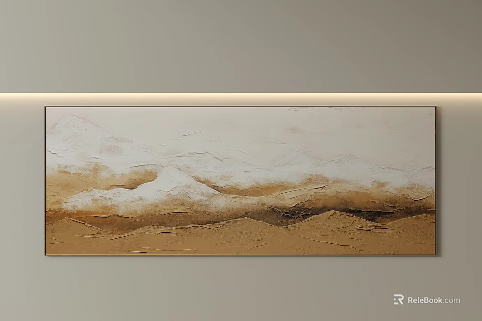 Abstract Mountain Landscape Oil Painting With Beige Brown Textured Wall Decor 3d model 