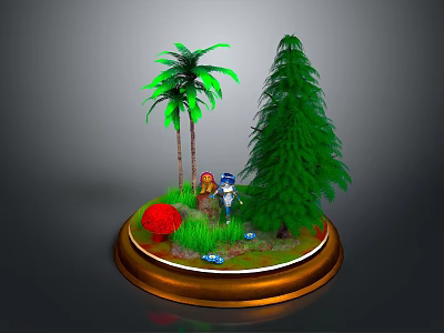 Cartoon Scene Featuring Palm Trees Pine Tree Red Mushroom Characters And Grass On Round Stand 3d model