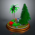 Cartoon Scene Featuring Palm Trees Pine Tree Red Mushroom Characters And Grass On Round Stand