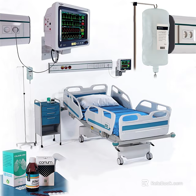 Medical Devices In Hospital Room With Bed ECG Monitor IV Infusion Pump And Medical Cabinet 3d model 