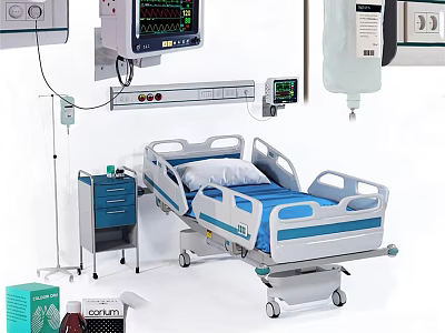 Medical Devices In Hospital Room With Bed ECG Monitor IV Infusion Pump And Medical Cabinet 3d model