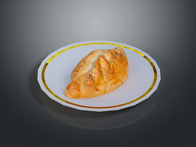 Baked Braided Bread On White Plate With Gold Rim And Seasonings 3d model