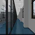 Modern Laboratory Interior With Blue Flooring Glass Partitions White Cabinets And Long Tables