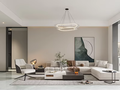 Modern Living and Dining Room Interior with White Sofa Coffee Table Chandelier and Wall Artwork 3d model
