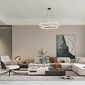 Modern Living and Dining Room Interior with White Sofa Coffee Table Chandelier and Wall Artwork