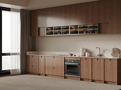 Modern Kitchen With Brown Cabinets Glass Door Display Countertop And Oven 3d model