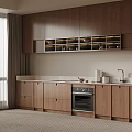 Modern Kitchen With Brown Cabinets Glass Door Display Countertop And Oven