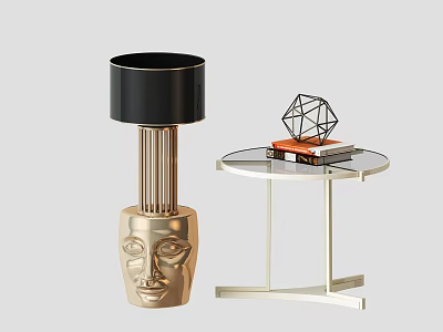 Gold Face Shaped Floor Lamp With Black Shade And Small Round Table With Geometric Decor 3d model