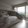 Modern Bunk Bed Design with Wooden Stairs Large Window Mountain View Desk and Chair