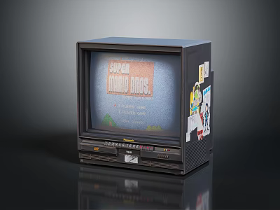 Vintage Retro Television Electronic Appliance With Super Mario Bros Screen And Stickers 3d model