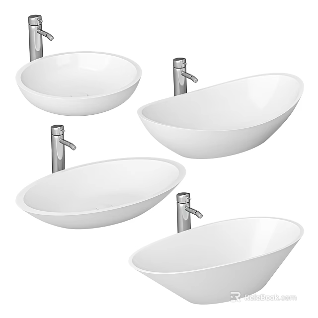 Modern White Oval Washbasins With Chrome Faucets In Different Styles 3d model 