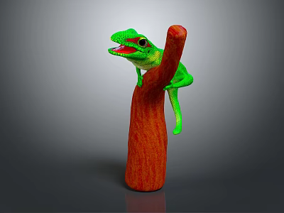 Green Chameleon Perched On Red Branch With Open Mouth And Gray Background 3d model
