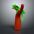 Green Chameleon Perched On Red Branch With Open Mouth And Gray Background