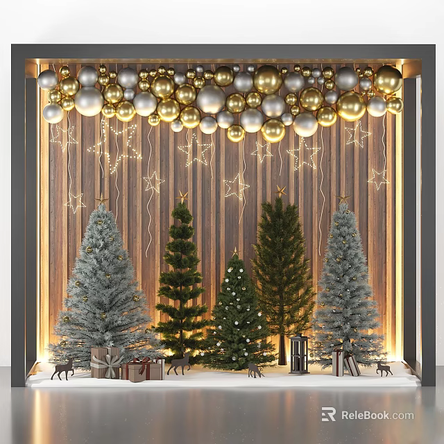 Gold Silver Hanging Balls Star Lights Ornament Set Wooden Wall Colored Christmas Trees Gifts Deer 3d model 