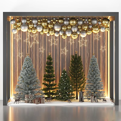 Gold Silver Hanging Balls Star Lights Ornament Set Wooden Wall Colored Christmas Trees Gifts Deer 3d model