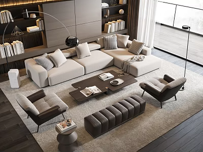 Modern Living Room Beige L Shaped Sofa Dark Coffee Table Set With Armchairs And Ottoman 3d model