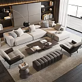 Modern Living Room Beige L Shaped Sofa Dark Coffee Table Set With Armchairs And Ottoman