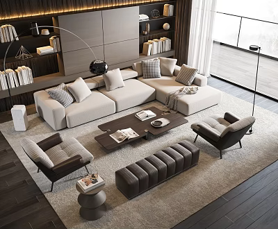 Modern Living Room Beige L Shaped Sofa Dark Coffee Table Set With Armchairs And Ottoman 3d model