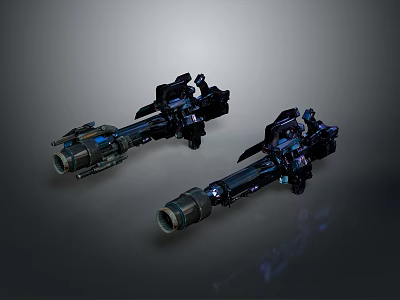 Two Futuristic Mechanical Weapons With Blue Glowing Parts And Barrels On Dark Background 3d model