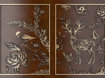 Intricate Carved Wooden Designs Featuring Bird Rose Deer Butterfly And Flowers 3d model