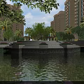 Residential Garden Landscape with High Rise Buildings Water Pond Steps Lush Greenery and Calm Reflections
