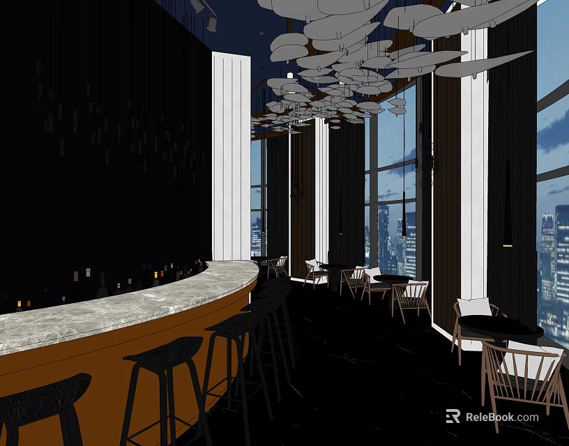 Elegant Hotel Lobby With Curved Bar High Stools Leaf Shaped Ceiling Decor And City View 3d model 