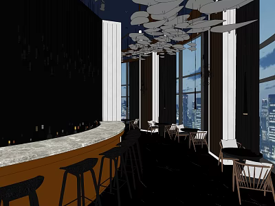 Elegant Hotel Lobby With Curved Bar High Stools Leaf Shaped Ceiling Decor And City View 3d model