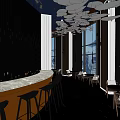 Elegant Hotel Lobby With Curved Bar High Stools Leaf Shaped Ceiling Decor And City View