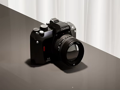 Black COVNS Camera With Lens On Gray Surface And White Curtain Background 3d model
