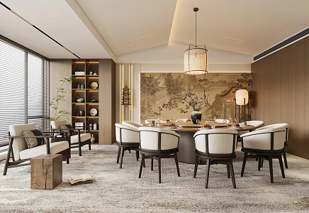 Zen New Chinese Restaurant Room Song Dynasty Aesthetic Background Wall Round Dining Table and Chair Combination Restaurant Chandelier Balcony Leisure Chair 3d model