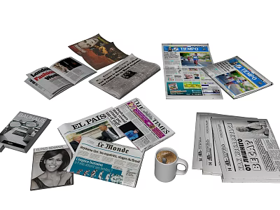 Various Types of Newspapers Scattered with Coffee Cup and Different Headlines on Table 3d model