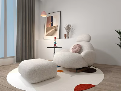 Plush Leisure Chair with Ottoman on Round Rug Near Window and Decorative Painting 3d model