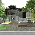 Modern Detached Villa Exterior Design With Glass Facade Brick Wall And Trees