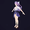 Game And Movie Character Purple Hair White Top Purple Skirt Bow Accessories High Heels