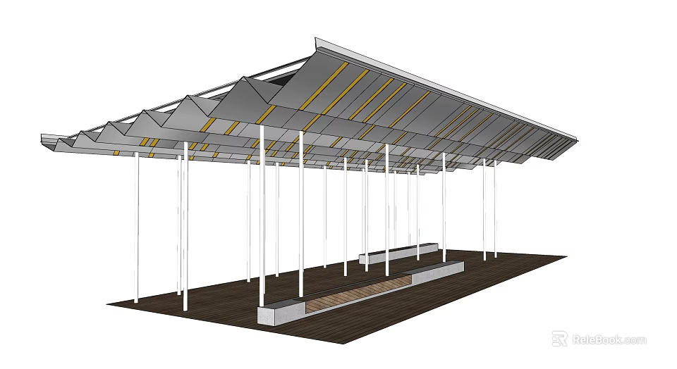 Garden Landscape With Modern Canopy Structure Yellow Stripes White Pillars And Seating Area 3d model 