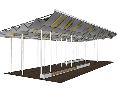 Garden Landscape With Modern Canopy Structure Yellow Stripes White Pillars And Seating Area 3d model