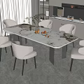 Elegant Modern Dining Table Set With Marble Top And Six Gray Chairs 3d model