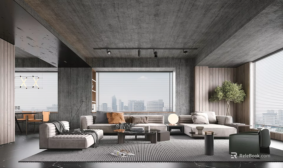 Modern Living and Dining Room Interior With Sofa Coffee Table Rug and City View 3d model 