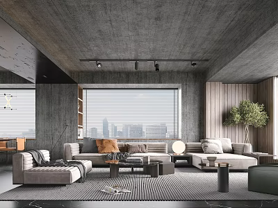 Modern Living and Dining Room Interior With Sofa Coffee Table Rug and City View 3d model