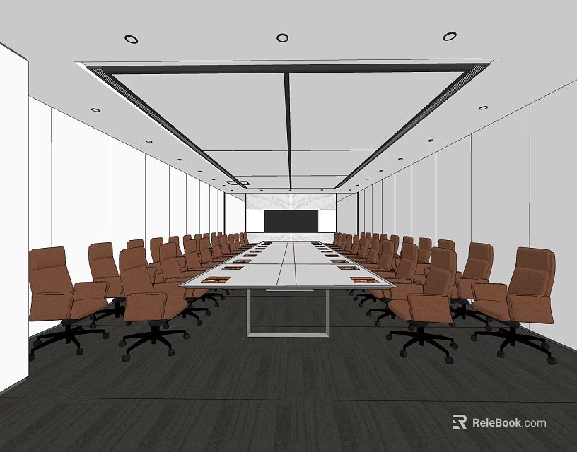 Modern Conference Room Interior With Long Rectangular Table Brown Office Chairs And Ceiling Lights 3d model